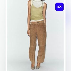 NWT Zara High-Waist Suede Leather Wide-Leg Barrel Pants L